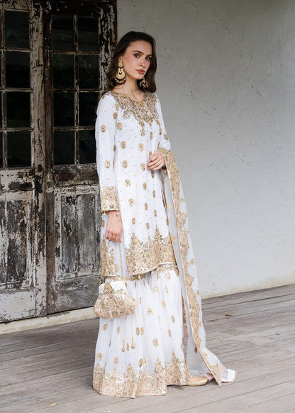 Ivory Gold Embellished Chiffon Gharara Suit Online in Dubai UAE Abudhabi Ajman Sharjah