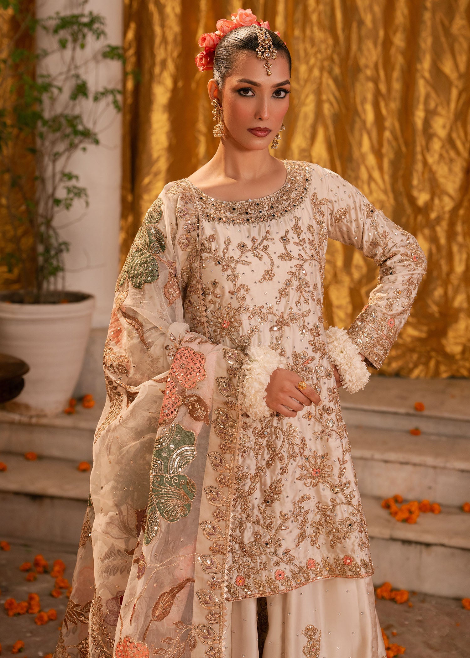 Ivory Gold Embroidered Charmuse Kurti Sharara Online in Dubai DXB UAE Abudhabi Meena Bazaar