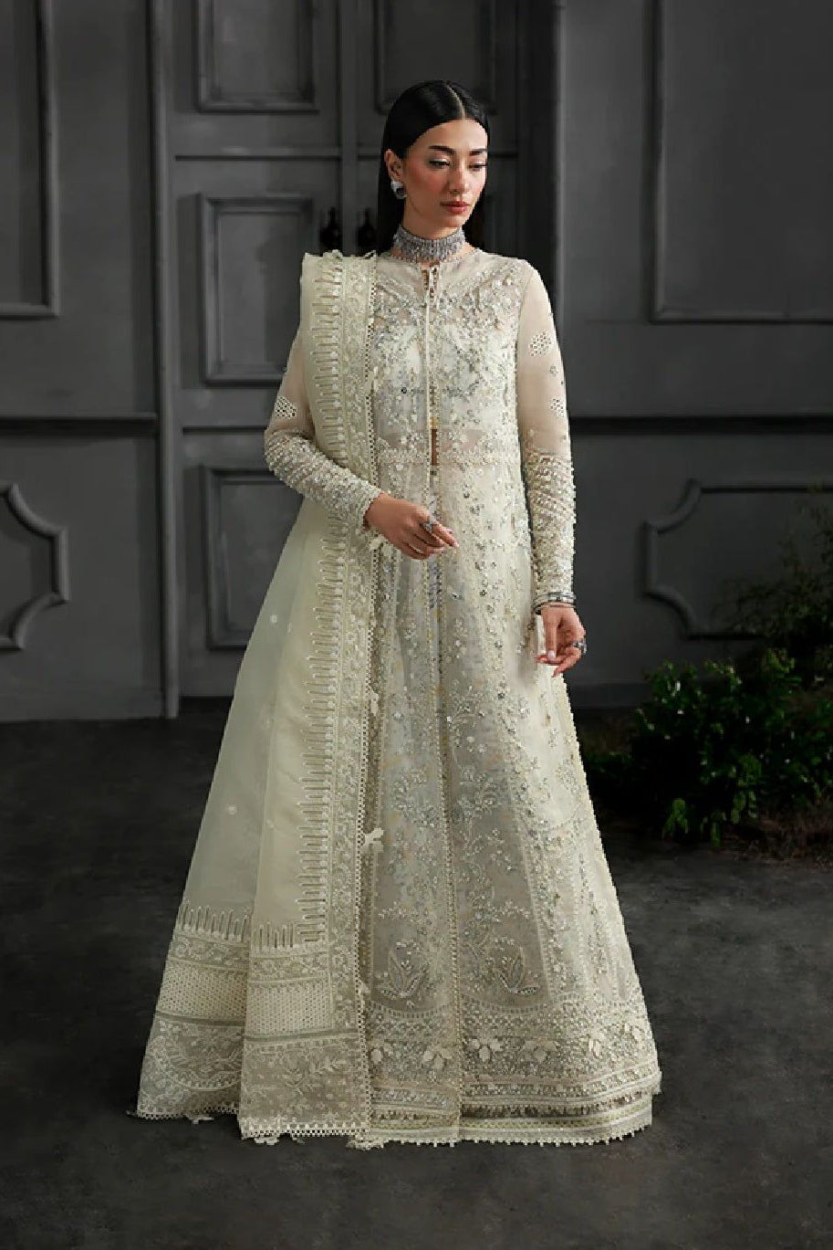 Ivory Hand Embroidered Organza Sharara Gharara Online in Dubai UAE Abudhabi Ajman Sharjah