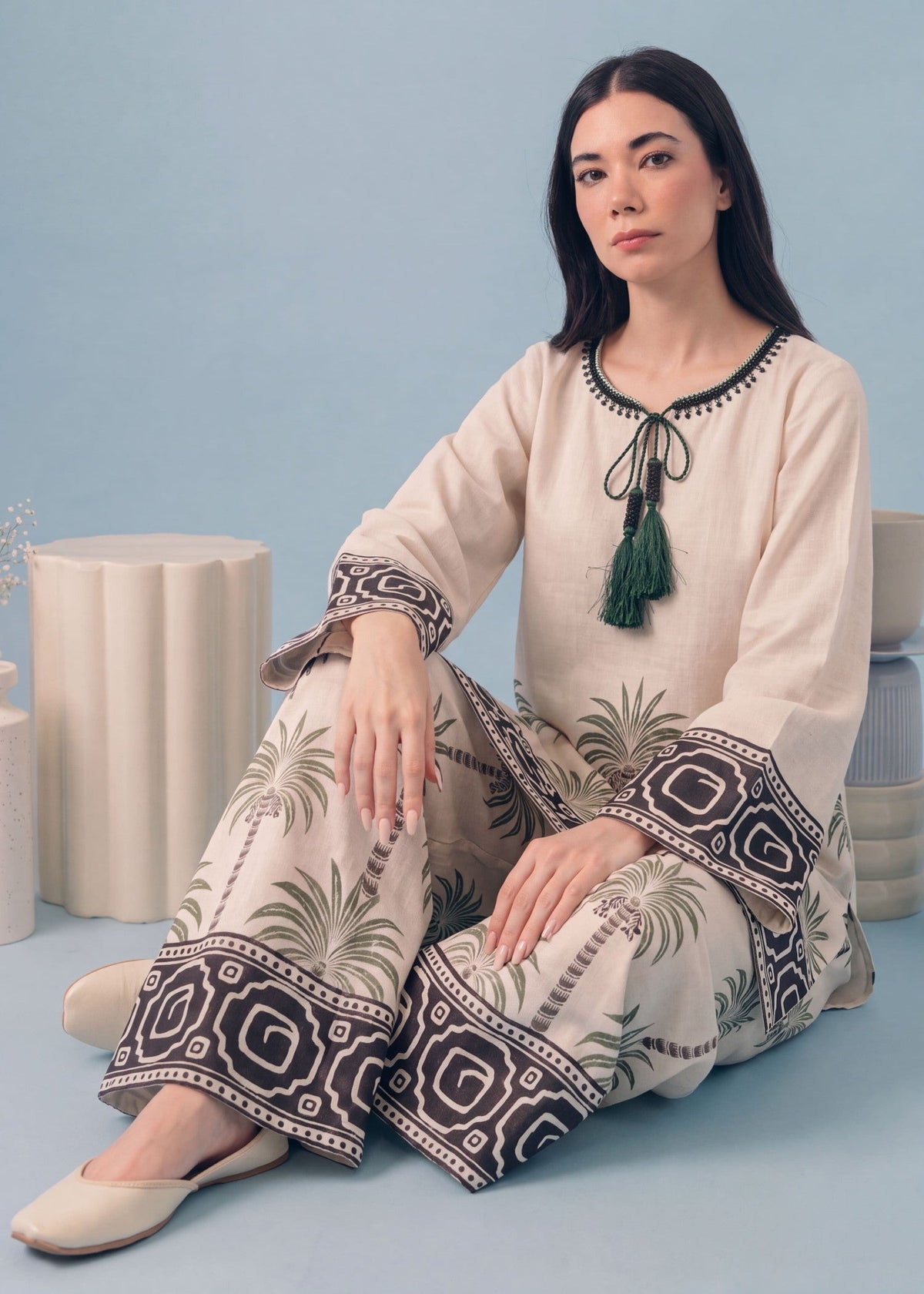 Ivory Khaddar Printed Plazzo Suit Online in Dubai DXB UAE Abudhabi Meena Bazaar