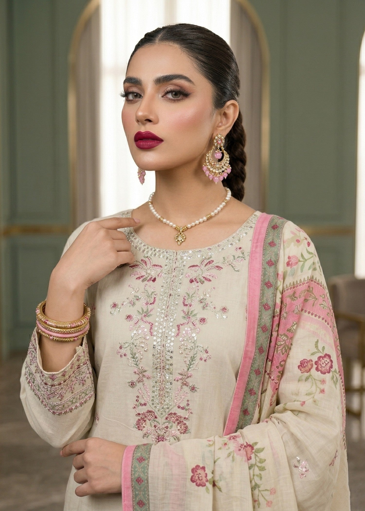 Ivory Lawn Embroidered Salwar Kameez Online in KSA Riyadh Saudi Arabia Oman Bahrain Qatar