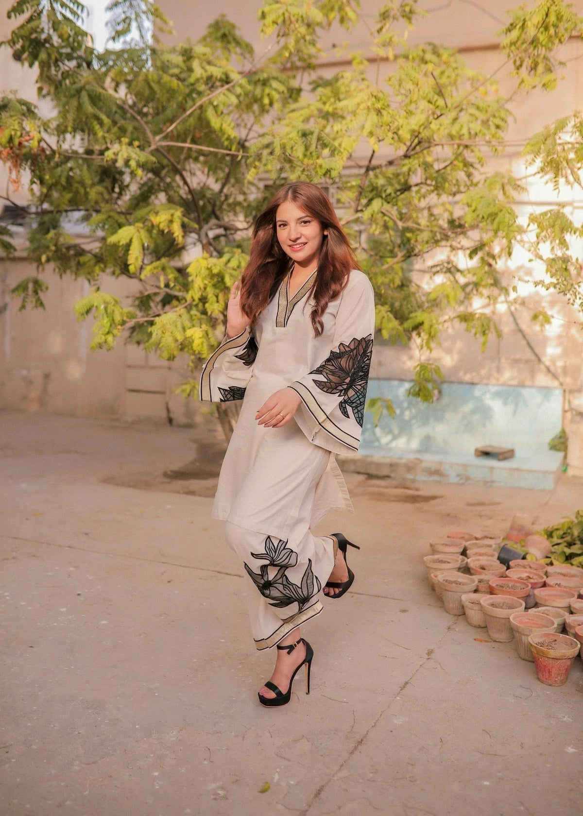 Ivory Linen Salwar Kameez for Winter Online in KSA Riyadh Saudi Arabia Oman Bahrain Qatar