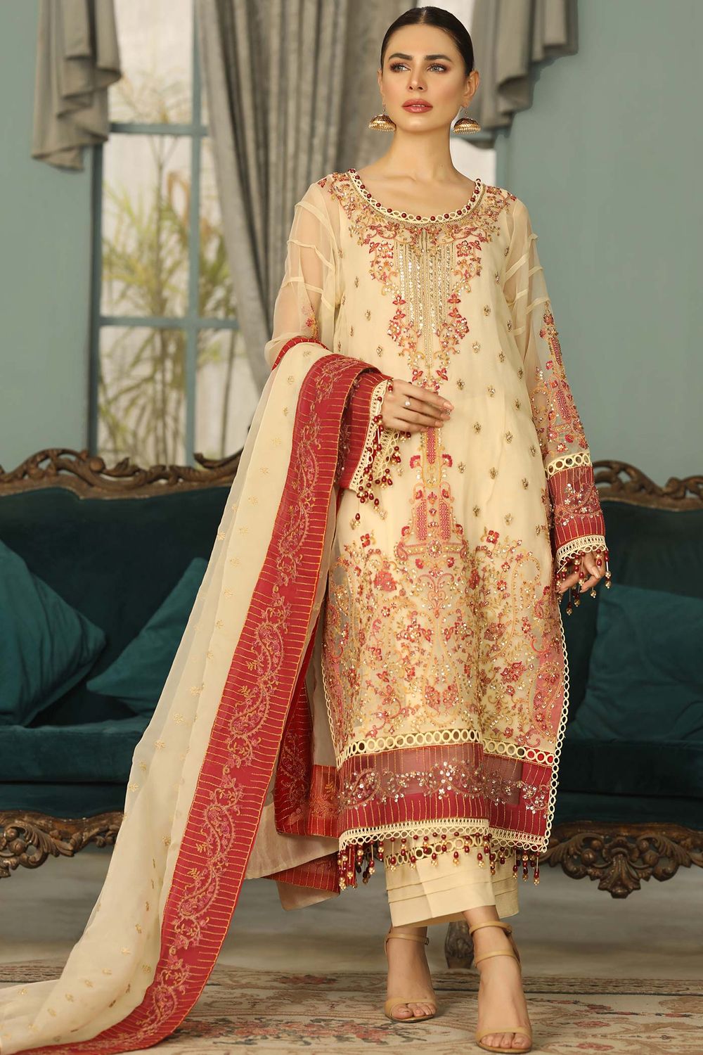Ivory Organza Adda Work Festive Suit Online in Dubai UAE Abudhabi Ajman Sharjah