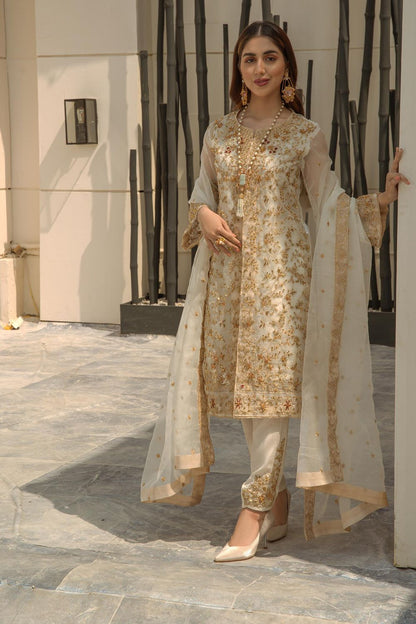 Ivory Organza Embellished Gown with Raw Silk Trouser Online in Dubai UAE Abudhabi Ajman Sharjah