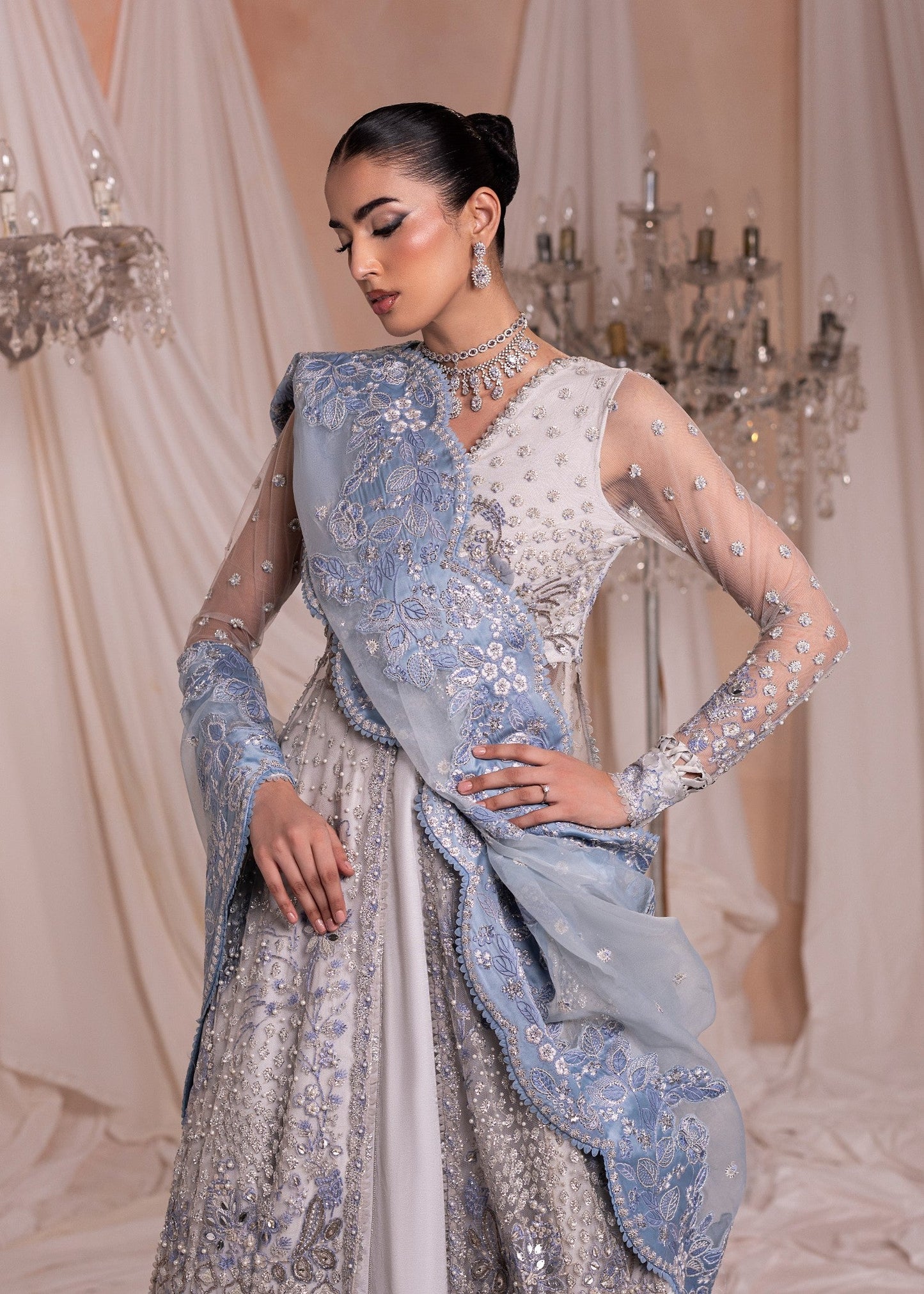 Ivory Organza Flared Maxi Suit Online in Dubai UAE Abudhabi Ajman Sharjah