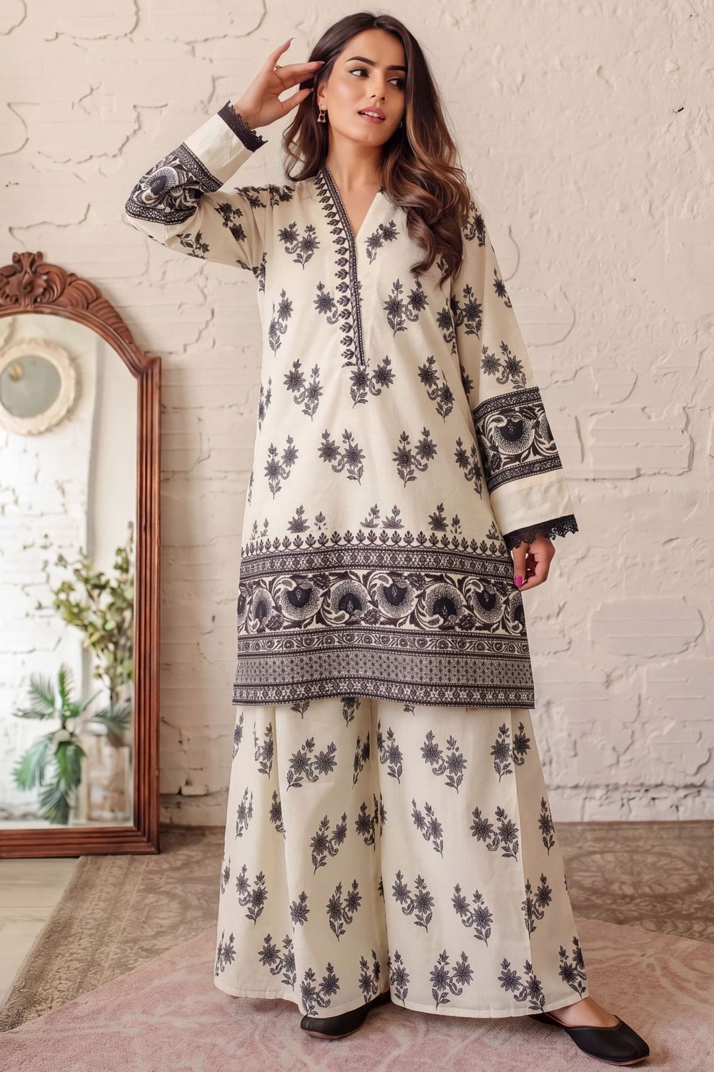 Ivory Patchwork Cotton Sharara Online in Dubai UAE Abudhabi Ajman Sharjah
