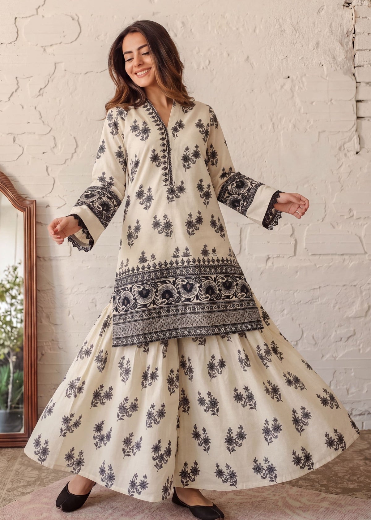 Ivory Patchwork Cotton Sharara Online in KSA Riyadh Saudi Arabia Oman Bahrain Qatar