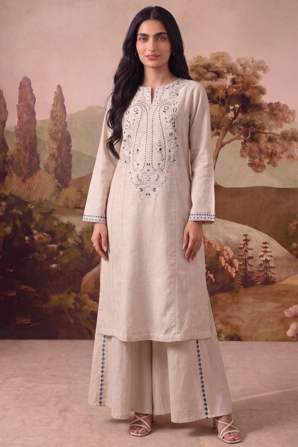 Ivory Patchwork Khaddar Sharara Online in Dubai UAE Abudhabi Ajman Sharjah