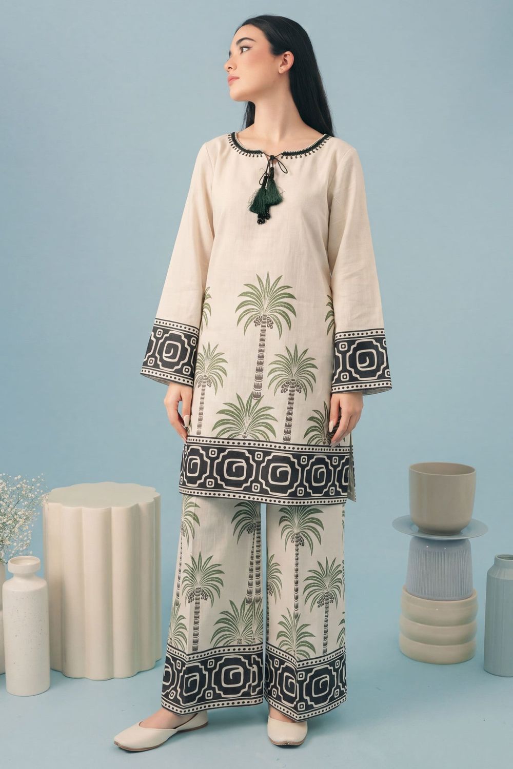 Ivory Printed Khaddar Tunic & Plazzo Set Online in Dubai UAE Abudhabi Ajman Sharjah