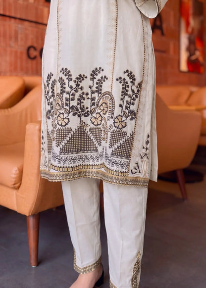 Ivory Printed Linen Kurta Set Online in Dubai DXB UAE Abudhabi Meena Bazaar