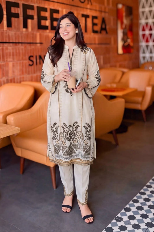Ivory Printed Linen Kurta Set Online in Dubai UAE Abudhabi Ajman Sharjah