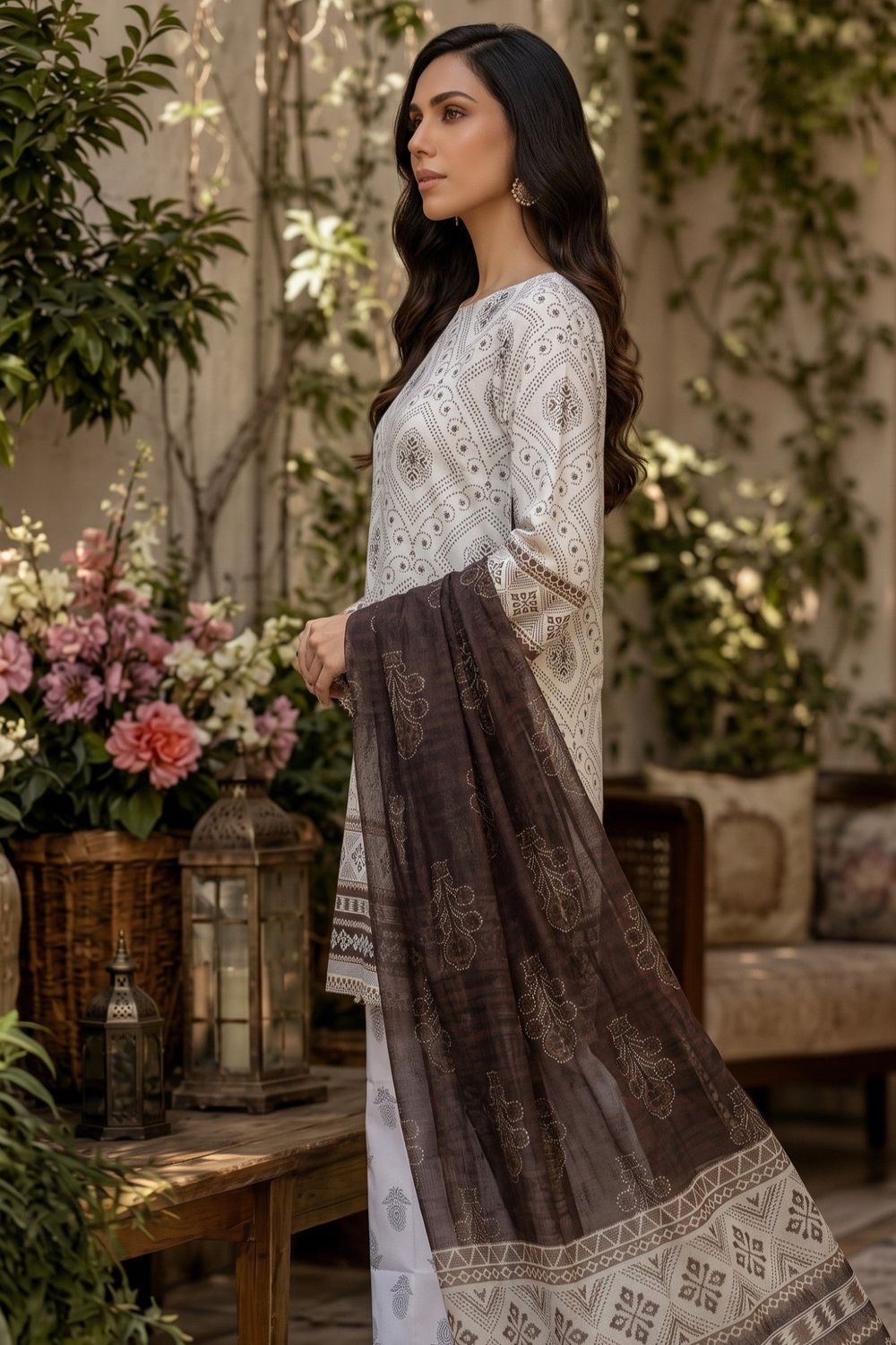 Ivory Printed Poly Lawn Pakistani Suit Online in Dubai UAE Abudhabi Ajman Sharjah