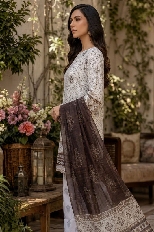 Ivory Printed Poly Lawn Pakistani Suit Online in Dubai UAE Abudhabi Ajman Sharjah