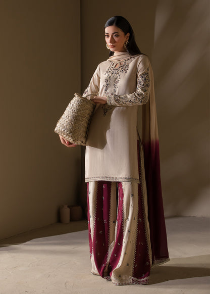 Ivory Raw Silk Kurti Sharara Dupatta Set Online in KSA Riyadh Saudi Arabia Oman Bahrain Qatar