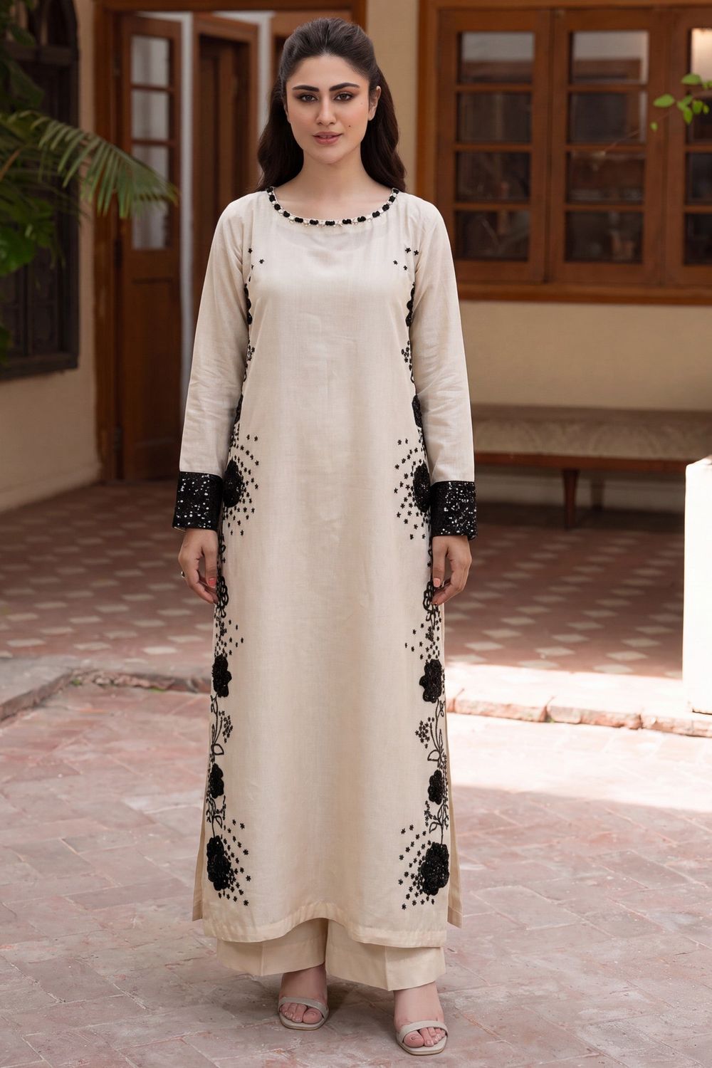 Ivory Sequined Lawn Kurta Set Online in Dubai UAE Abudhabi Ajman Sharjah