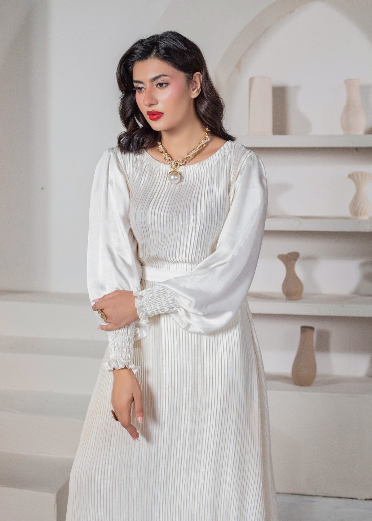 Ivory Shamooz Silk 2 Piece Western Dress Online in Dubai UAE Abudhabi Ajman Sharjah