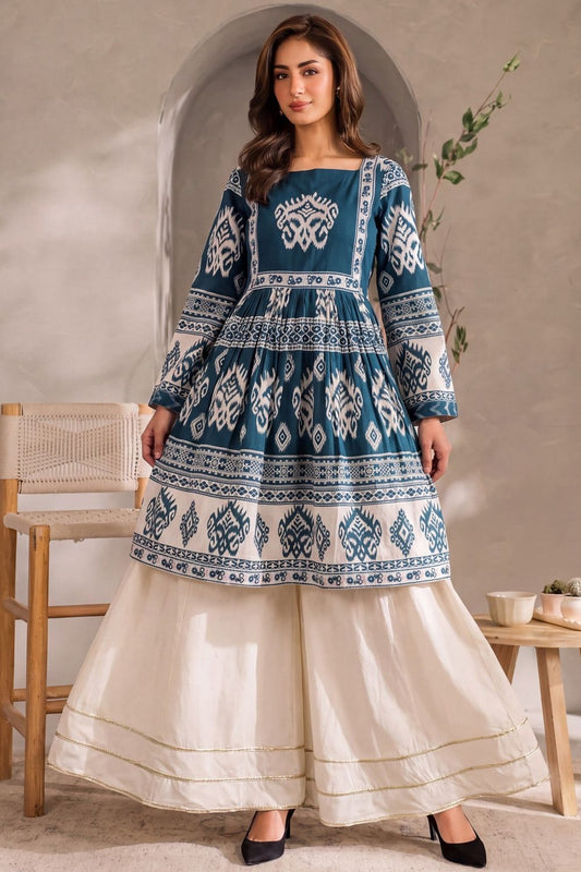 Ivory Steel Blue Embellished Lawn Sharara Online in Dubai UAE Abudhabi Ajman Sharjah