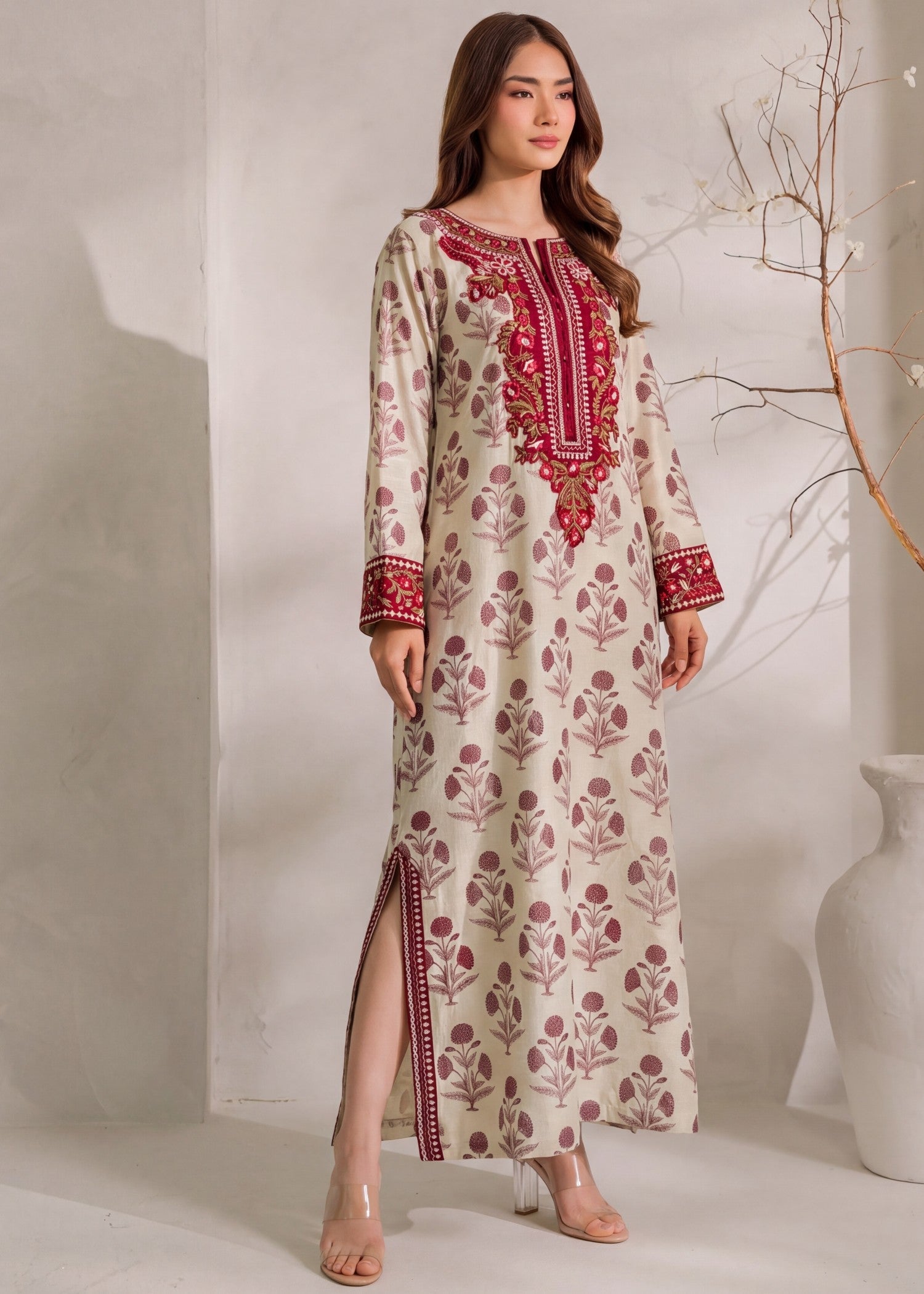 Ivory Straight Cut Kaftan Embroidered Khaddar Online in Dubai DXB UAE Abudhabi Meena Bazaar