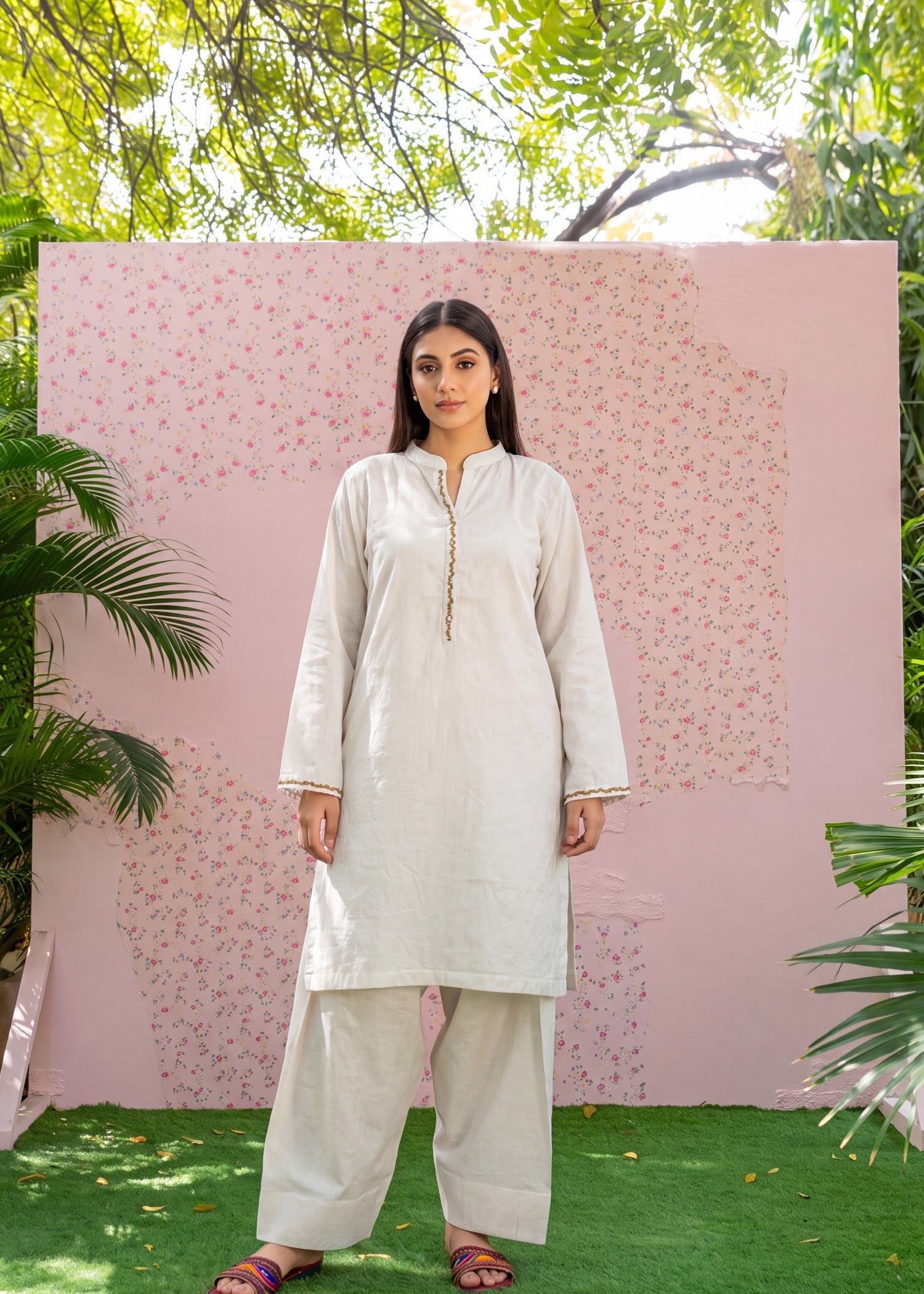Ivory Textured Lawn Embellished Suit Online in Sri Lanka India Australia