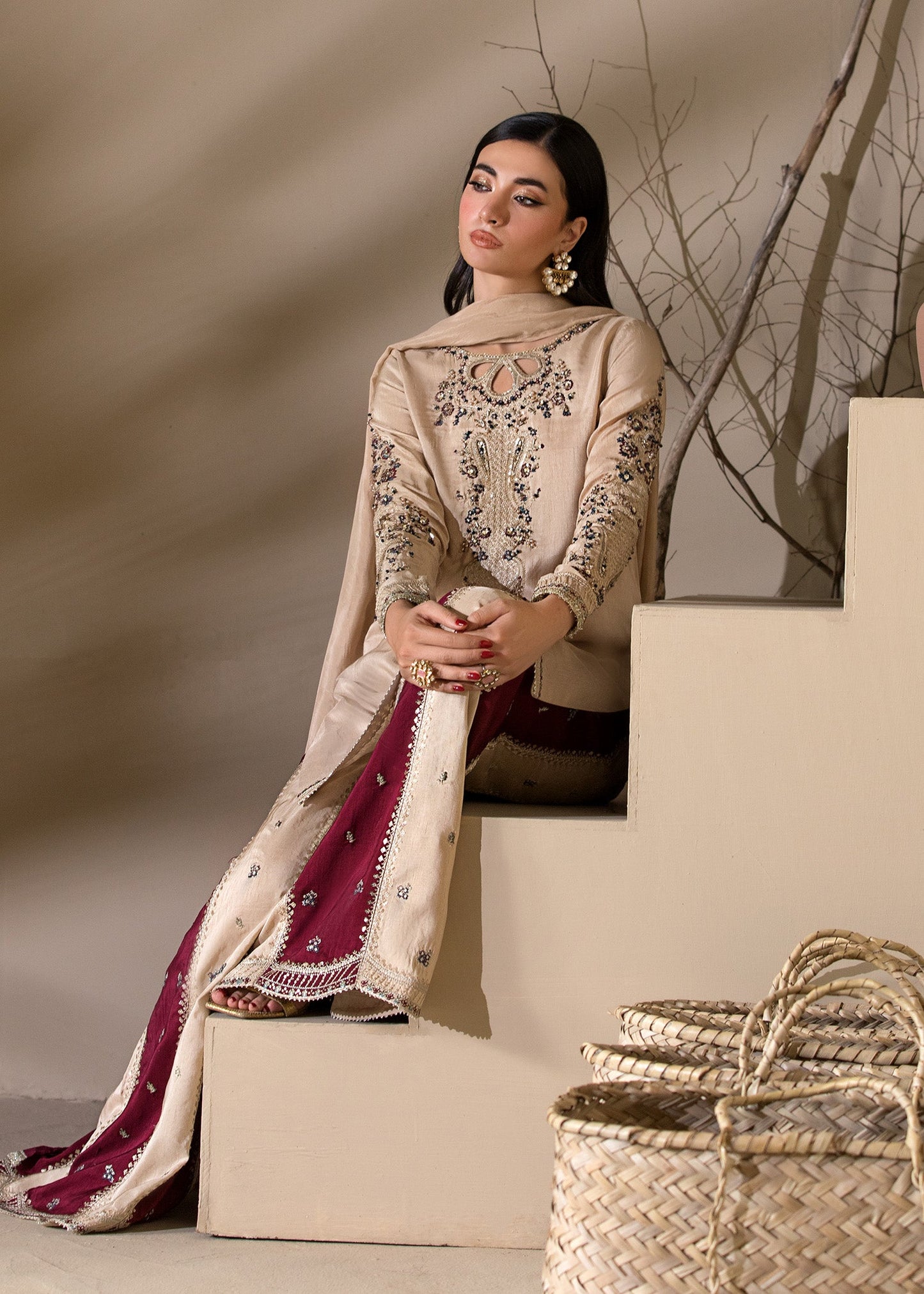 Ivory Two Toned Sharara Raw Silk Pakistani Suit Online in Dubai DXB UAE Abudhabi Meena Bazaar