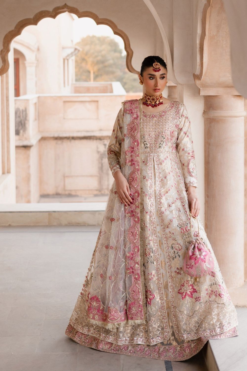 Ivory White Hand Embroidered Net Pishwas Suit Online in Dubai UAE Abudhabi Ajman Sharjah