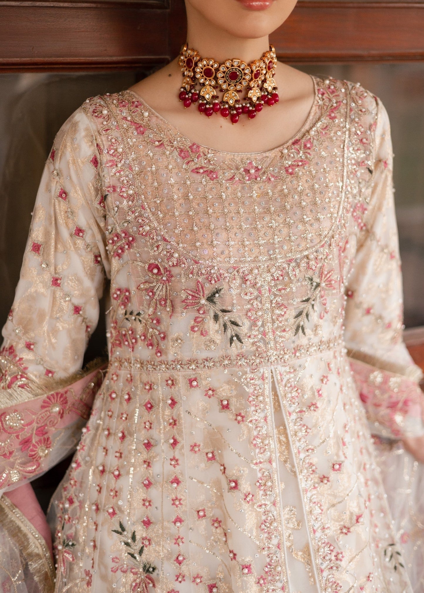 Ivory White Net Pishwas with Gold Zari Work Online in Dubai DXB UAE Abudhabi Meena Bazaar