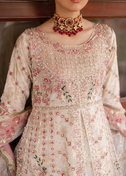 Ivory White Net Pishwas with Gold Zari Work Online in Dubai DXB UAE Abudhabi Meena Bazaar