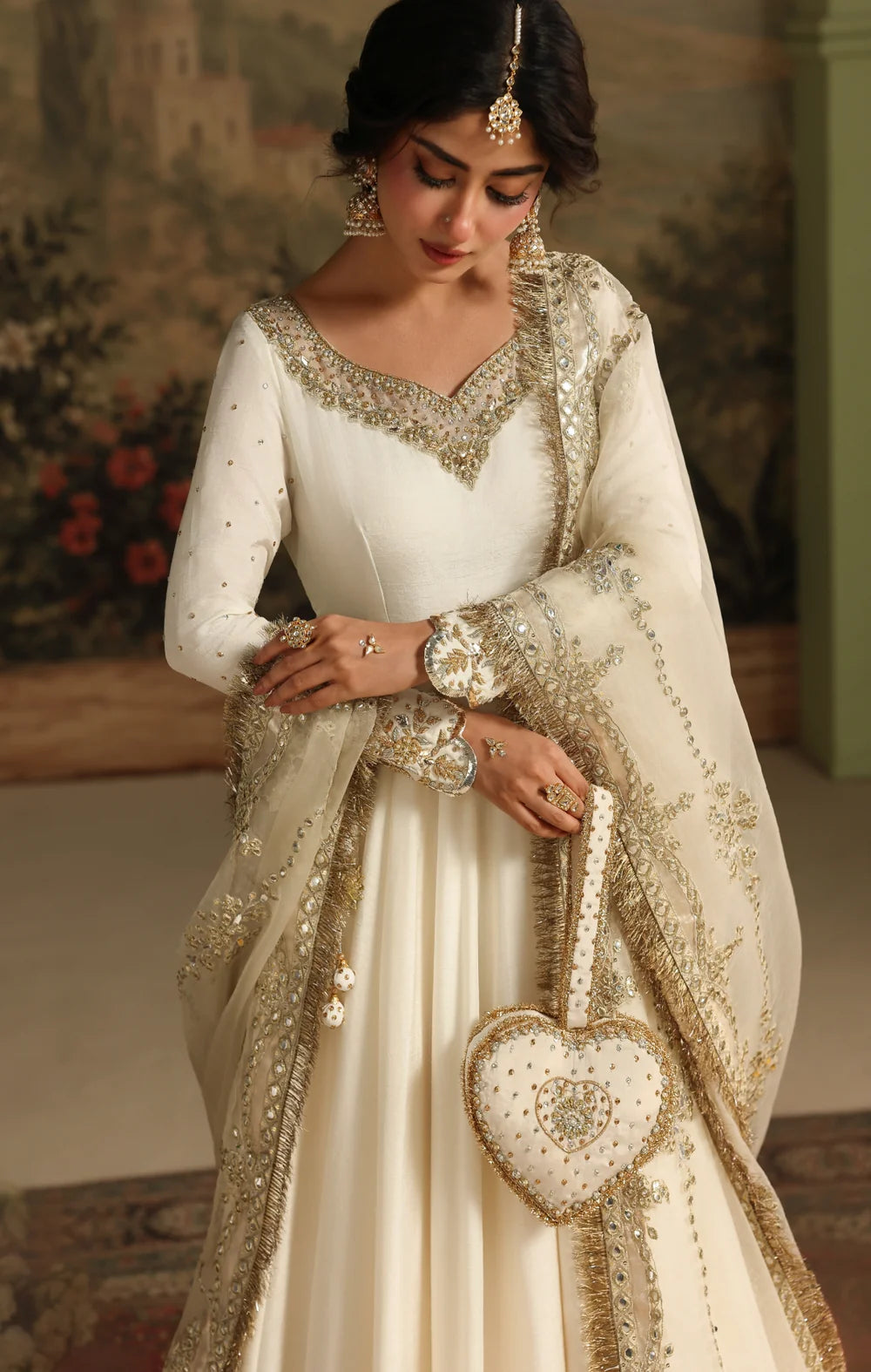 Ivory Raw Silk Anarkali Maxi with Panni Work