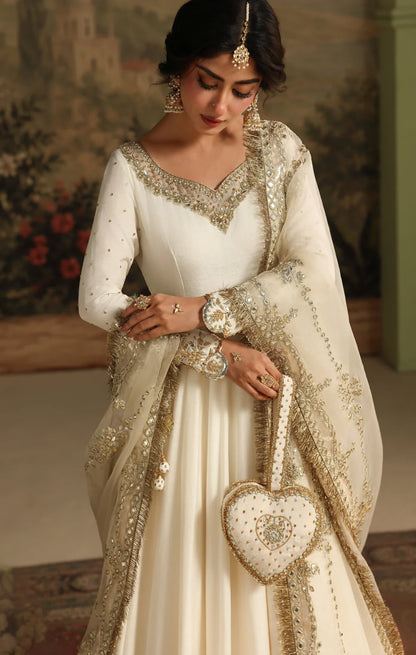 Ivory Raw Silk Anarkali Maxi with Panni Work