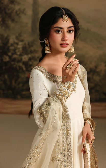 Ivory Raw Silk Anarkali Maxi with Panni Work