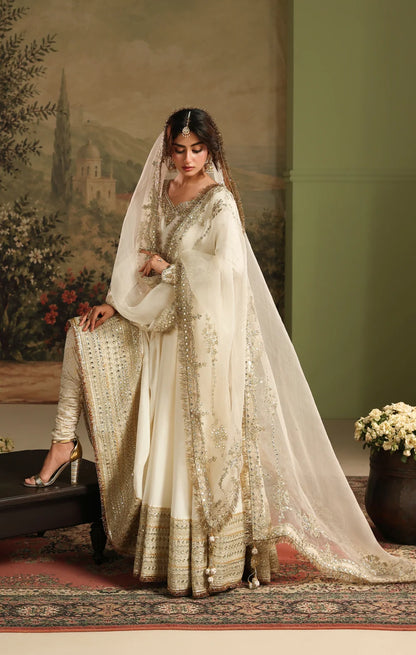 Ivory Raw Silk Anarkali Maxi with Panni Work