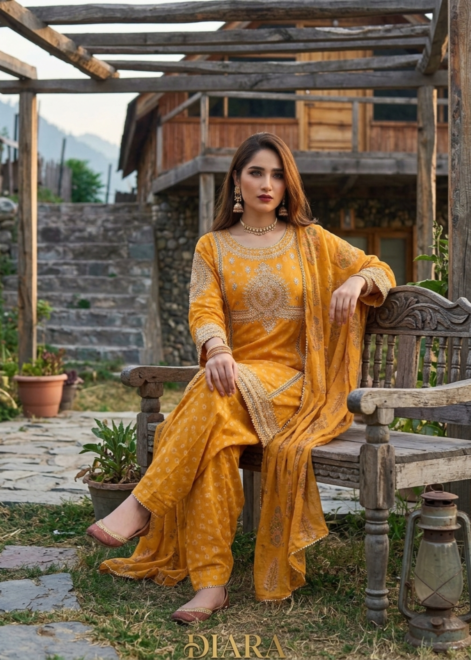 Jacquard Embroidered Mustard Festive Suit Online in Dubai DXB UAE Abudhabi Meena Bazaar