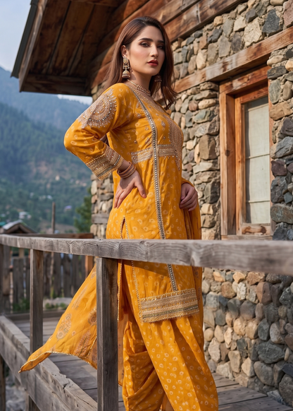 Jacquard Embroidered Mustard Pakistani Suit Online in KSA Riyadh Saudi Arabia Oman Bahrain Qatar