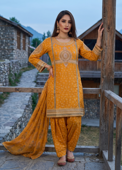 Jacquard Embroidered Mustard Shalwar Kameez Online in UK USA Canada