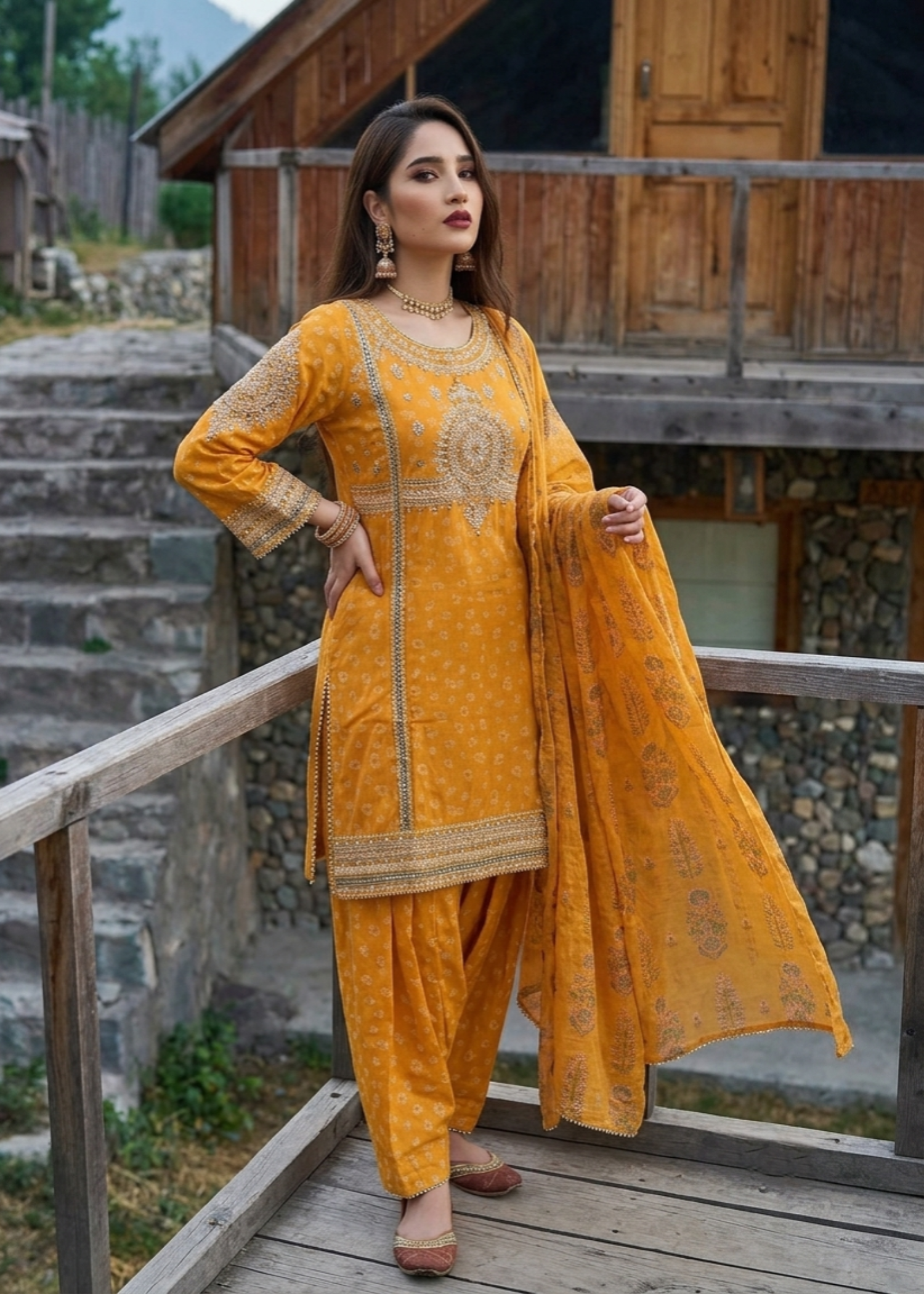 Jacquard Mustard Embroidered Pakistani Designer Suit Online in KSA Riyadh Saudi Arabia Oman Bahrain Qatar