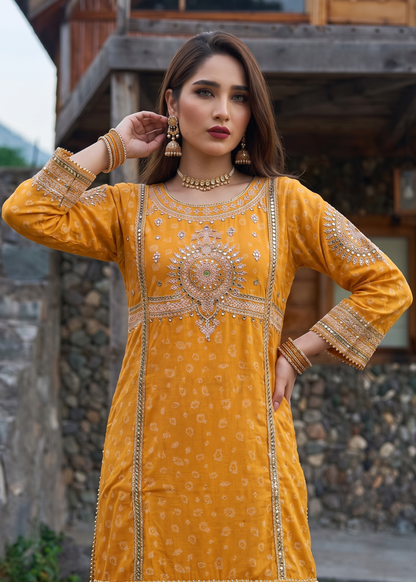 Jacquard Mustard Embroidered Shalwar Kameez Online in UK USA Canada