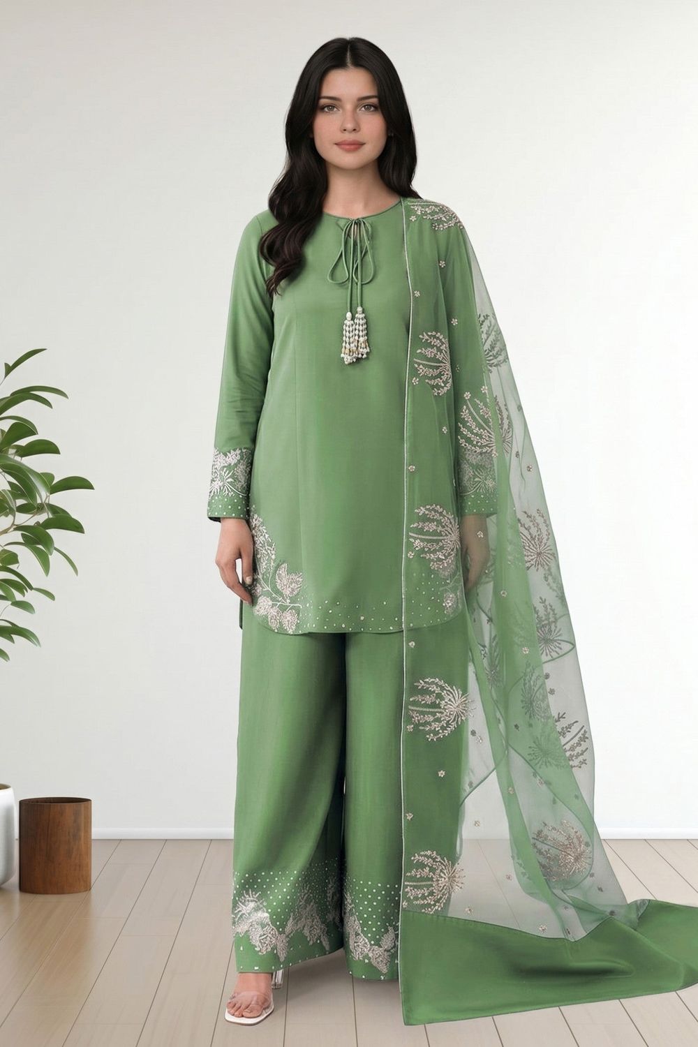 Jade Green Embroidered Cotton Kurta Plazzo Dupatta Online in Dubai UAE Abudhabi Ajman Sharjah
