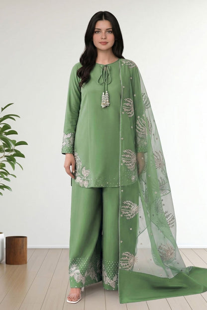 Jade Green Embroidered Cotton Kurta Plazzo Dupatta Online in Dubai UAE Abudhabi Ajman Sharjah