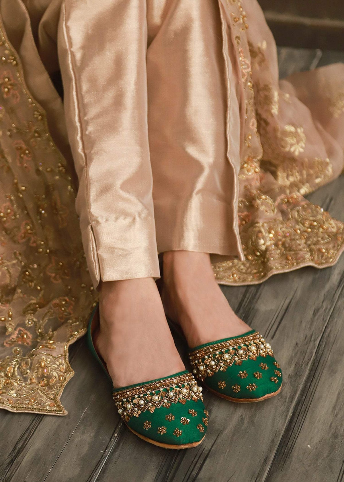Jade Jutti Green Silk Khussa with Sequins Cutdana Pearls Online in KSA Riyadh Saudi Arabia Oman Bahrain Qatar