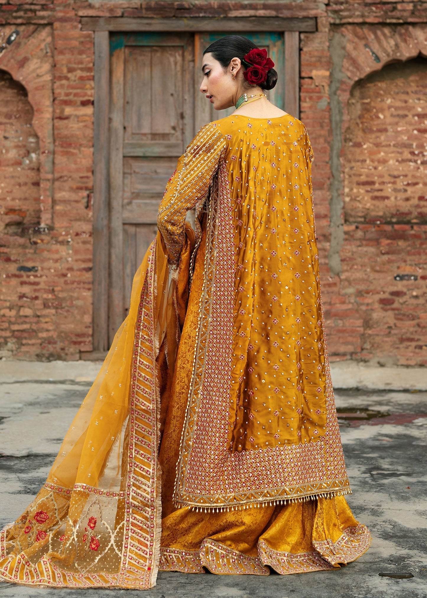 Jamawar Mustard Wedding Guest Lehenga Online in KSA Riyadh Saudi Arabia Oman Bahrain Qatar