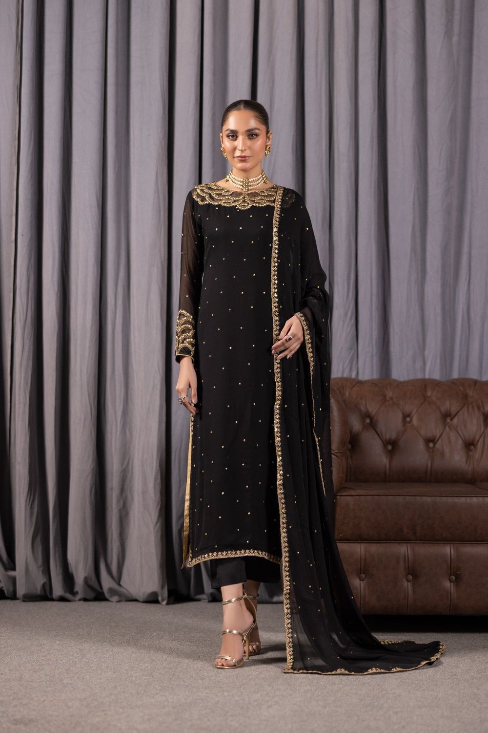 Jet Black Adda Work Bemberg Crinkle Chiffon Salwar Kameez Online in Dubai UAE Abudhabi Ajman Sharjah