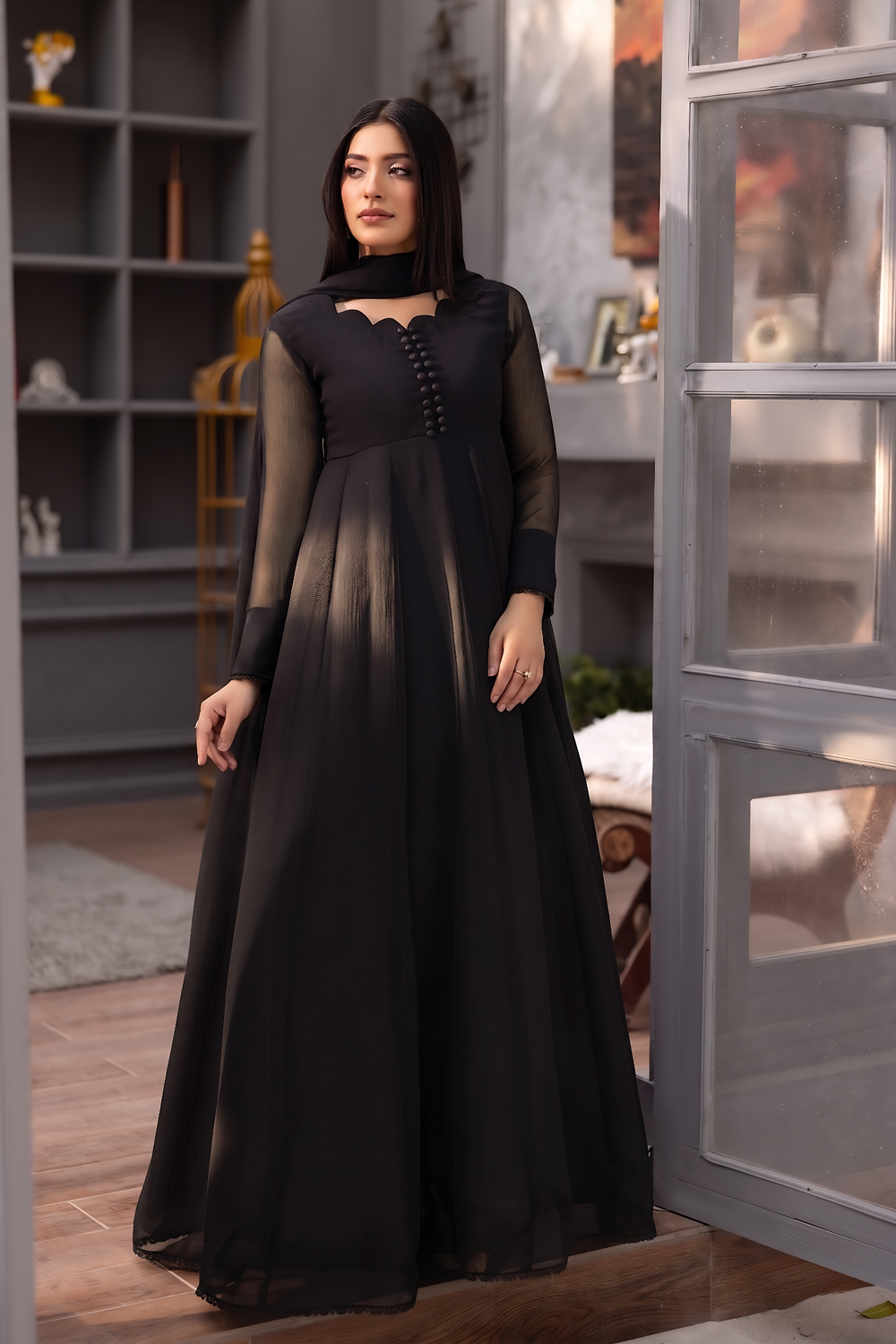 Jet Black Chiffon Flared Maxi Kurta Set Online in Dubai UAE Abudhabi Ajman Sharjah