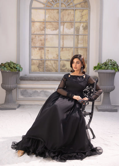 Jet Black Chiffon Partywear Ensemble Online in Dubai UAE Abudhabi Ajman Sharjah