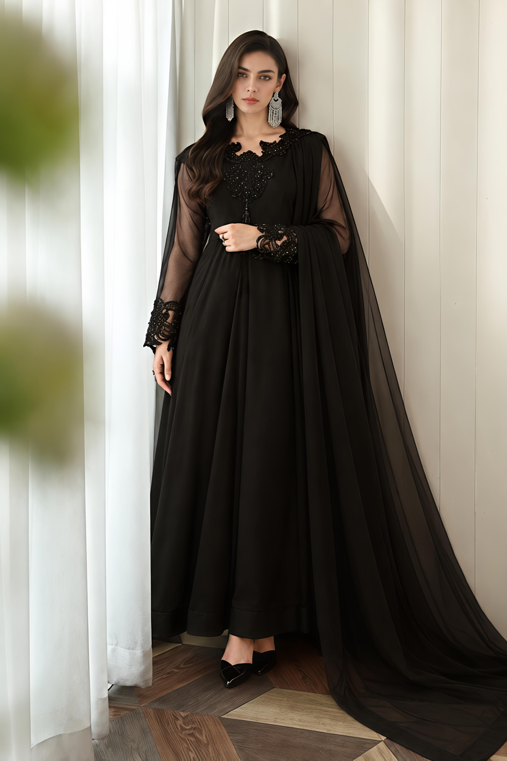 Jet Black Embroidered Chiffon Maxi Online in Dubai UAE Abudhabi Ajman Sharjah