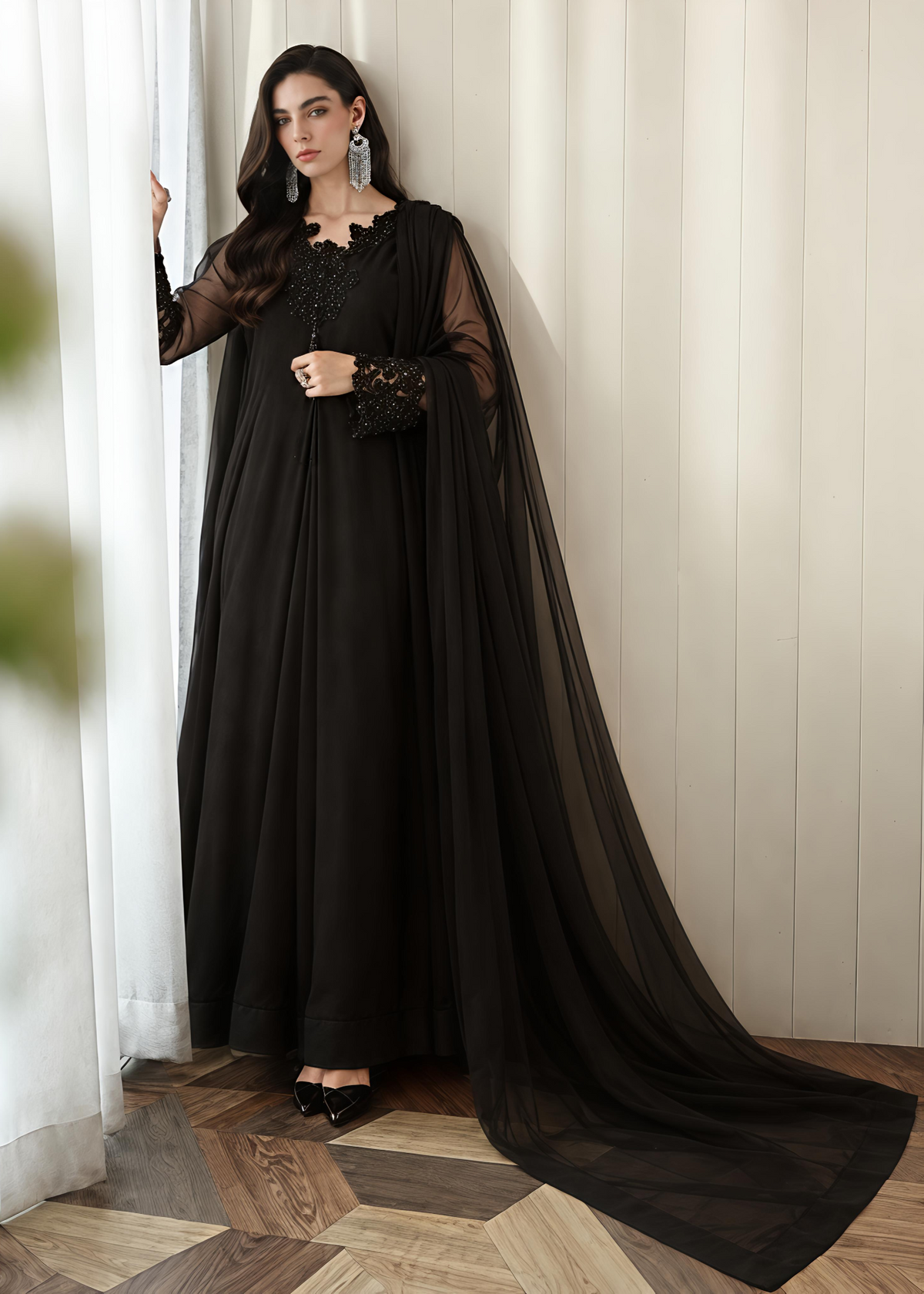 Jet Black Embroidered Chiffon Pakistani Suit Online in Dubai DXB UAE Abudhabi Meena Bazaar