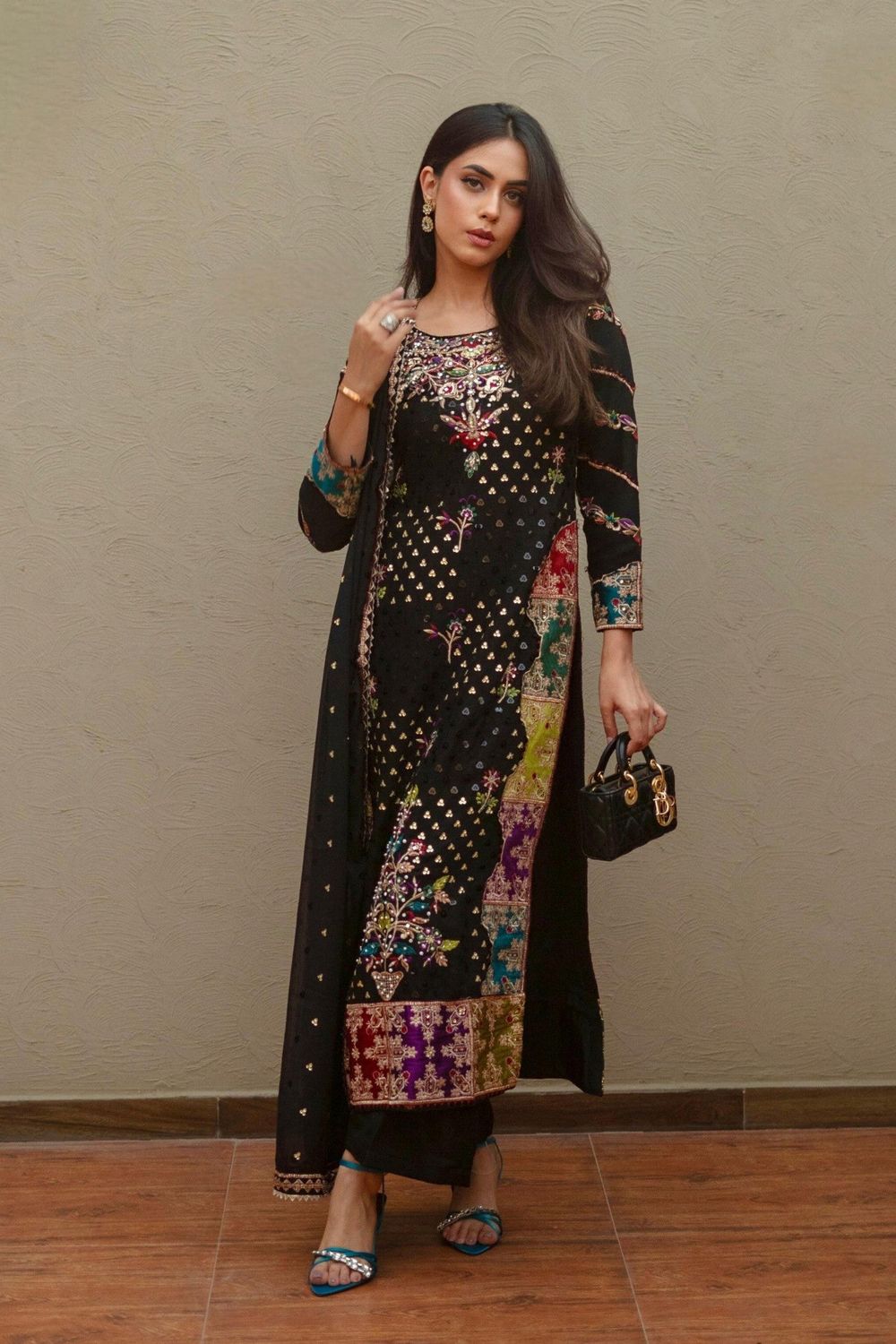 Jet Black Embroidered Chiffon Partywear Suit Online in Dubai UAE Abudhabi Ajman Sharjah