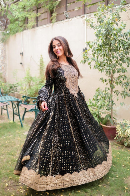 Jet Black Embroidered Chiffon Wedding Guest Suit Online in Dubai UAE Abudhabi Ajman Sharjah
