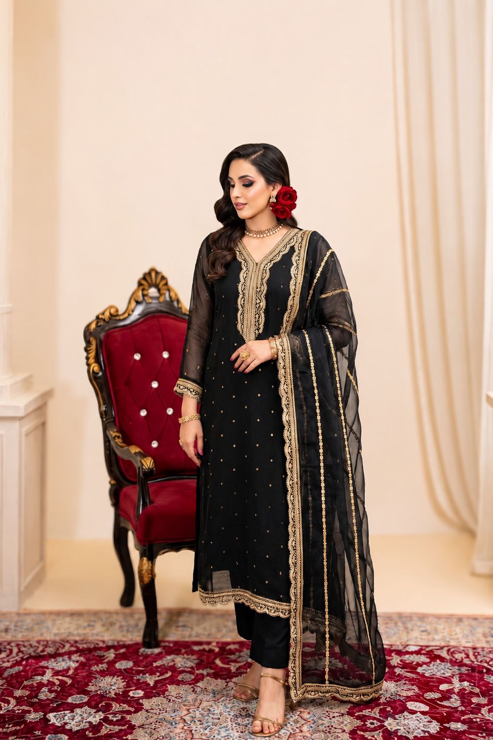 Jet Black Embroidered Crinkle Chiffon Kurta Set Online in Dubai UAE Abudhabi Ajman Sharjah