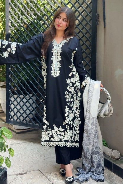Jet Black Embroidered Lawn Cotton Kurta Set Online in Dubai UAE Abudhabi Ajman Sharjah