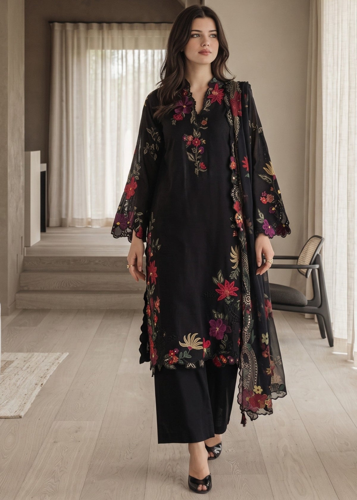 Jet Black Embroidered Lawn Cotton Pakistani Designer Suits Online in Dubai DXB UAE Abudhabi Meena Bazaar